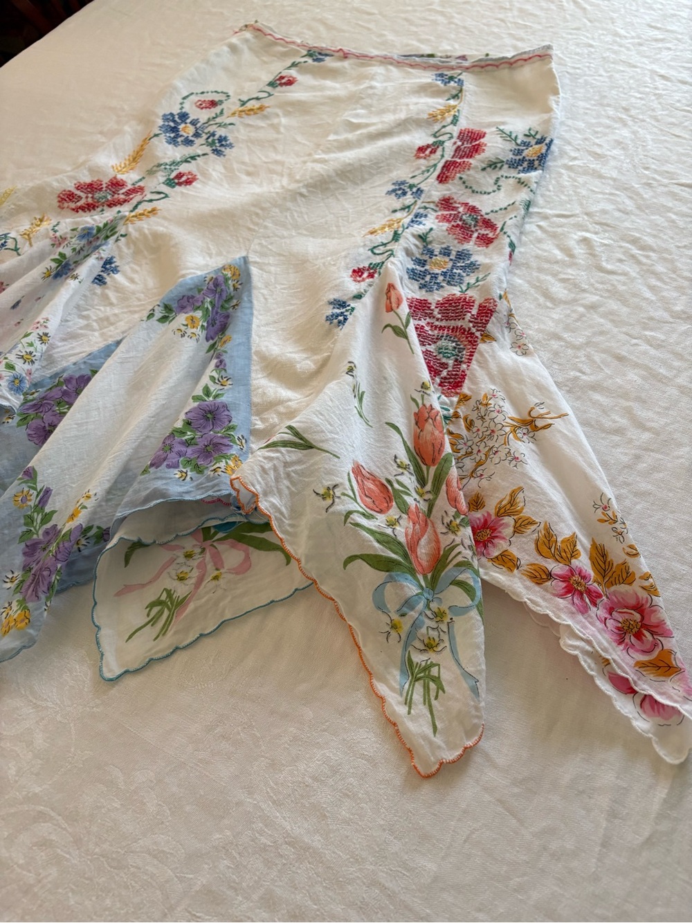 Vintage Handkerchief/Linen Floral Asymmetrical Midi Skirt - White Multicolor - Picture 3 of 9